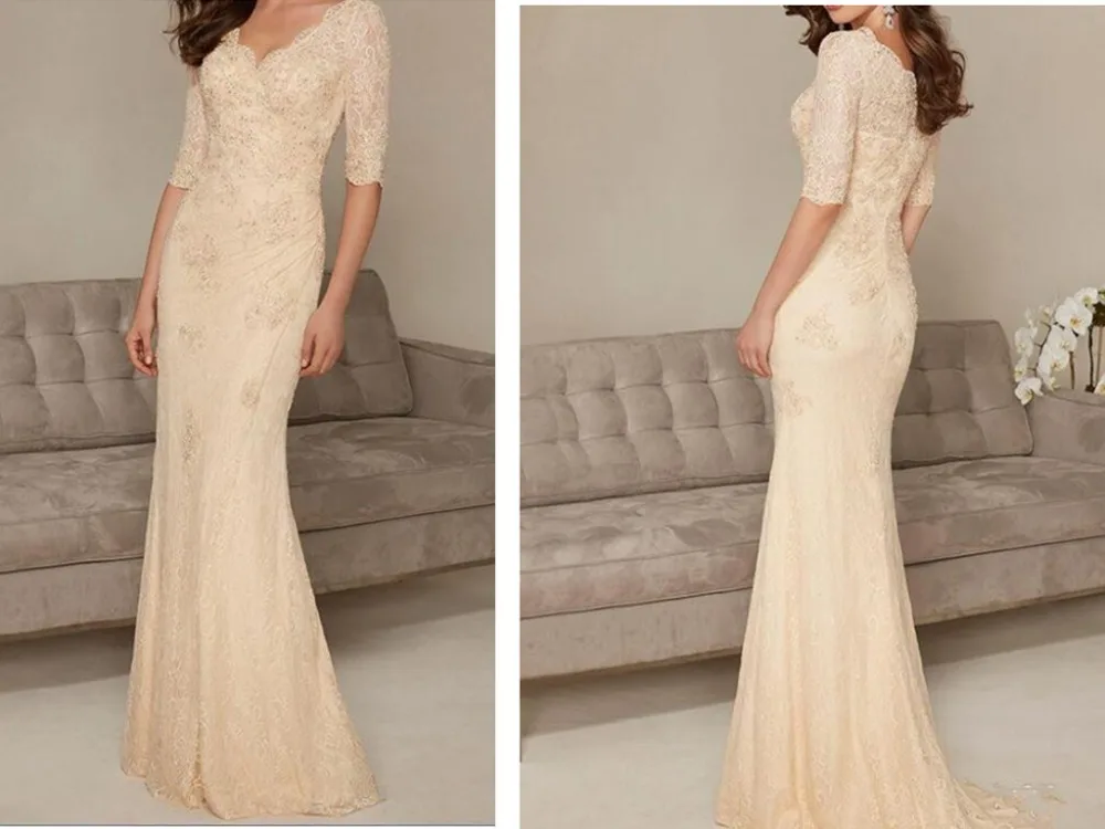 2019 Champagne Mother of the Bride Dresses Long Elegant Bead Sequined Pleats V-Neck Mermaid Half Sleeve Lace Formal evening gown
2019 Champagne Mother of the Bride Dresses Long Elegant Bead Sequined Pleats V-Neck Mermaid Half Sleeve Lace Formal evening gown