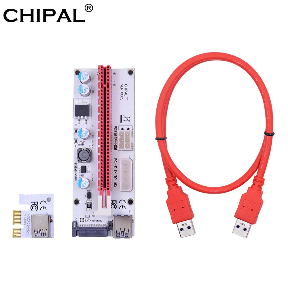 

CHIPAL VER008S 60CM PCI-E Riser Card 008S PCI Express 1X 16X Extension 4Pin 6Pin SATA Molex Power LED for Bitcoin Miner Mining