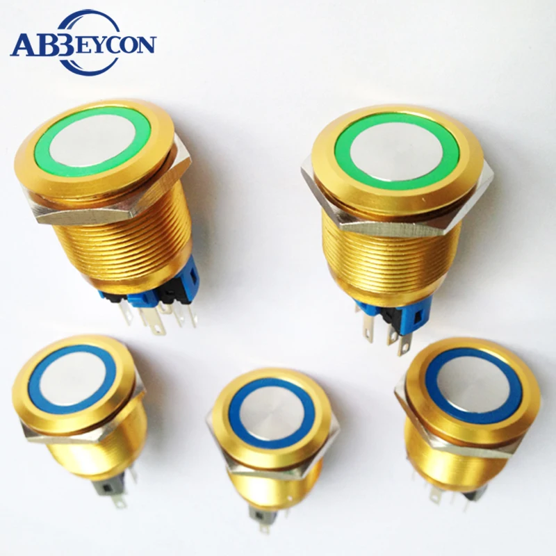ABBEYCON Latching function 22mm Metal Push Button Switch 12V/24V/110V/220V LED Ring Illuminated Golden Plated Housing Switch
ABBEYCON Latching function 22mm Metal Push Button Switch 12V/24V/110V/220V LED Ring Illuminated Golden Plated Housing Switch