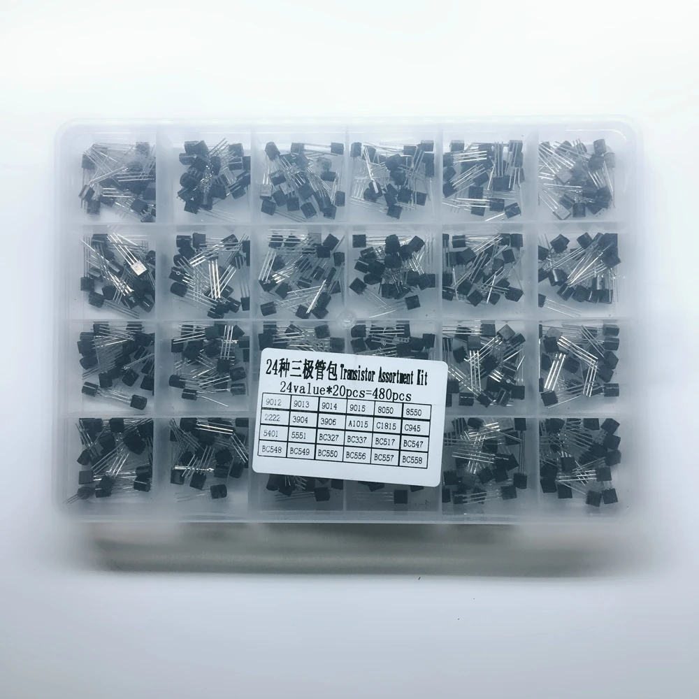 TO-92 Transistor Assorted Kit 24value 480pcs Transistors Box Pack S9012 S9013 S9014 S9015 S8050 S8550 2N2222 2N3904 2N3906 BC547 
TO-92 Transistor Assorted Kit 24value 480pcs Transistors Box Pack S9012 S9013 S9014 S9015 S8050 S8550 2N2222 2N3904 2N3906 BC547