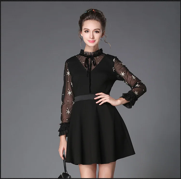 2017 Autumn fashion ladies elegant dress plus size lace mesh embroidery patchwork stand collar casual vestidos TUNICS XXXXXL5956 
2017 Autumn fashion ladies elegant dress plus size lace mesh embroidery patchwork stand collar casual vestidos TUNICS XXXXXL5956