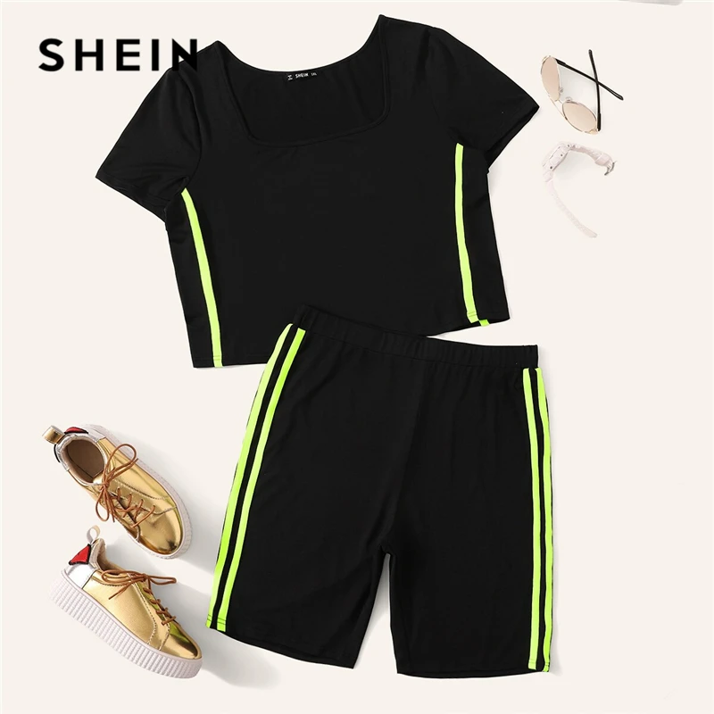 SHEIN Plus Size Black Neon Lime Side Striped Top And Cycling Shorts Set Women Summer Sporting Square Neck Striped Two Pieces
SHEIN Plus Size Black Neon Lime Side Striped Top And Cycling Shorts Set Women Summer Sporting Square Neck Striped Two Pieces