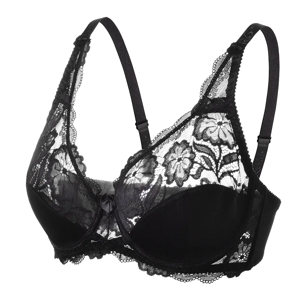 

Women Bras Black Lace Bralette Perspective Hollow Thin Floral Sexy Bra Embroidery Plus Size 36 38 40 42 44 46 C D E Dropshipping