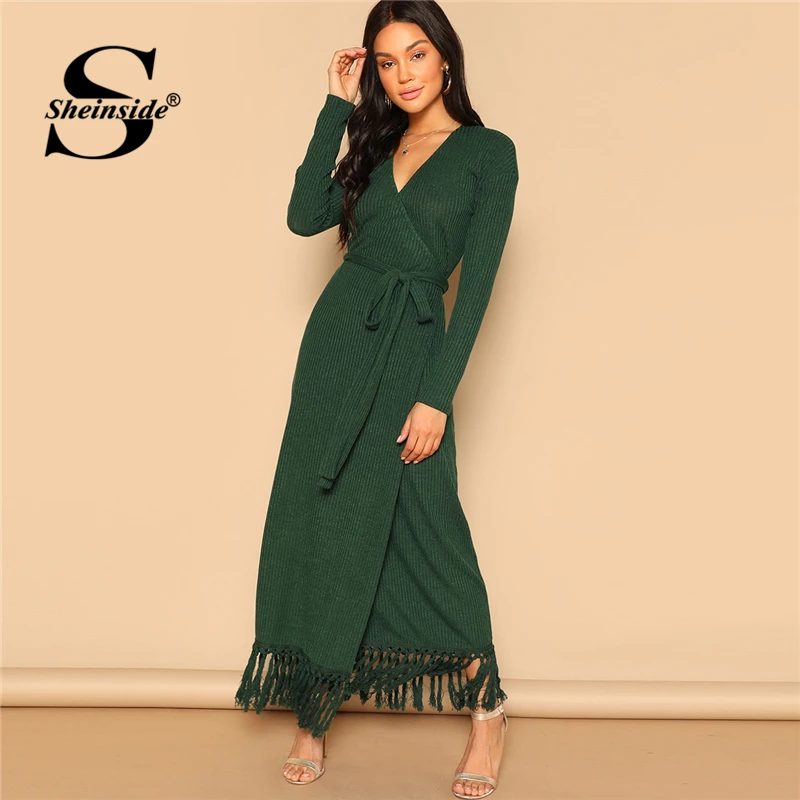 

Sheinside Green Fringe Hem Rib Knitted Surplice Wrap Dress With Belt Women Long Party Dresses 2019 V Neck Ladies Casual Dress
