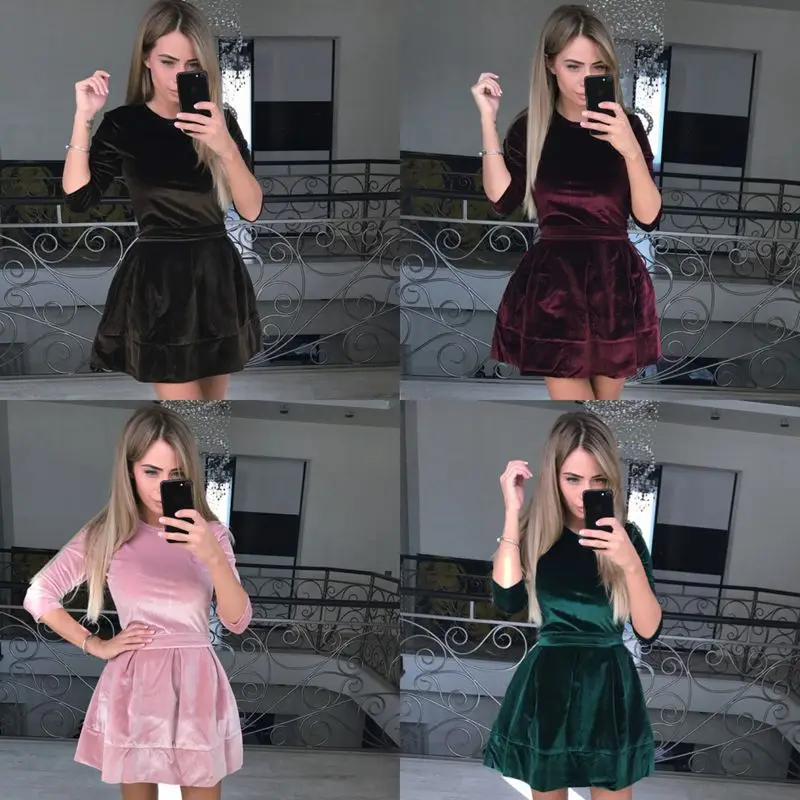Elegant Casual Velvet Dresses Women 2017 Autumn (5)
