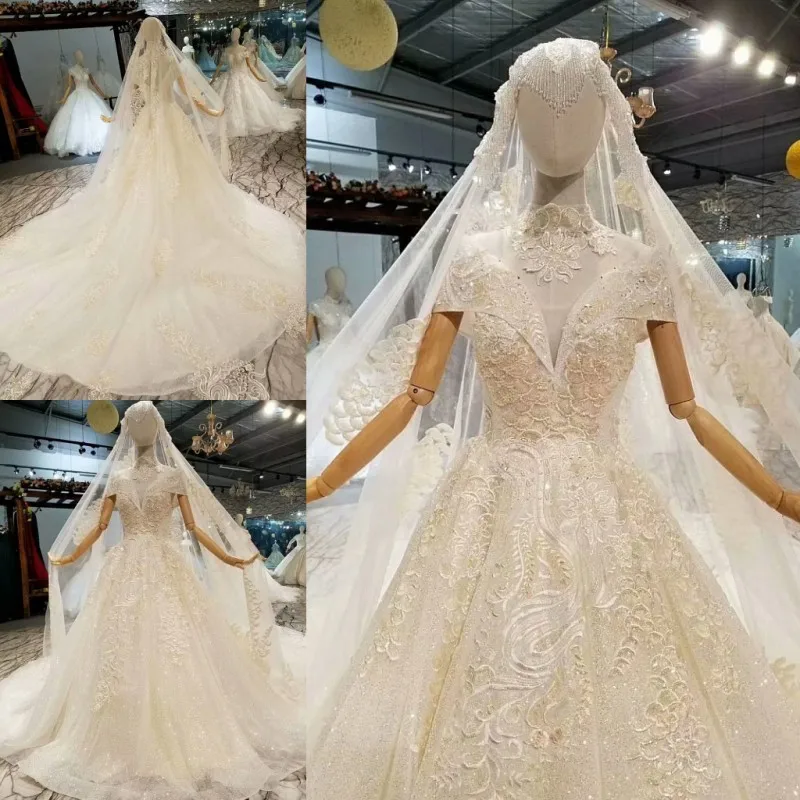 Elegant Lace Ball Gowns Wedding Dresses Vestido De Noiva Puffy Beaded Up Chapel Train Cap Shoulder Bridal Casamento | Свадьбы и