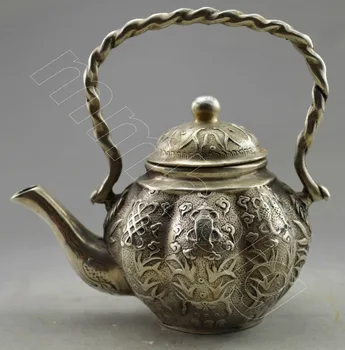 

Crafts statue Collectible Decorated Old Handwork Tibet Silver Carve Rich Peanut Mice Tea Pot