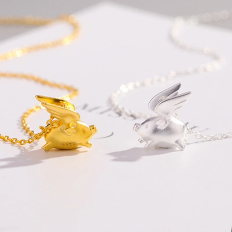 Qevila 2019 Hot Original Design Flying Sweet Pig Necklace Pendant 925 Sterling Silver 18k Gold for Women Couple Unique Gift Boho (2)