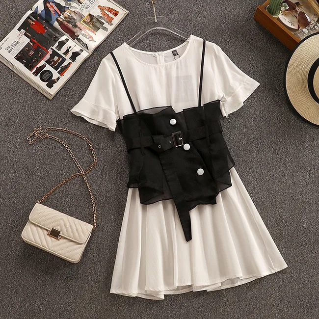 2019 summer new style slim waist slim small strap T-shirt two-piece suit dress female
2019 summer new style slim waist slim small strap T-shirt two-piece suit dress female
