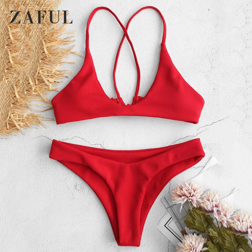 

ZAFUL Ribbed Criss Cross Bikini Set High Cut Women Swimsuit Cami Swimwear Sexy Spaghetti Straps Solid Bikini Bathing Suit Biquni