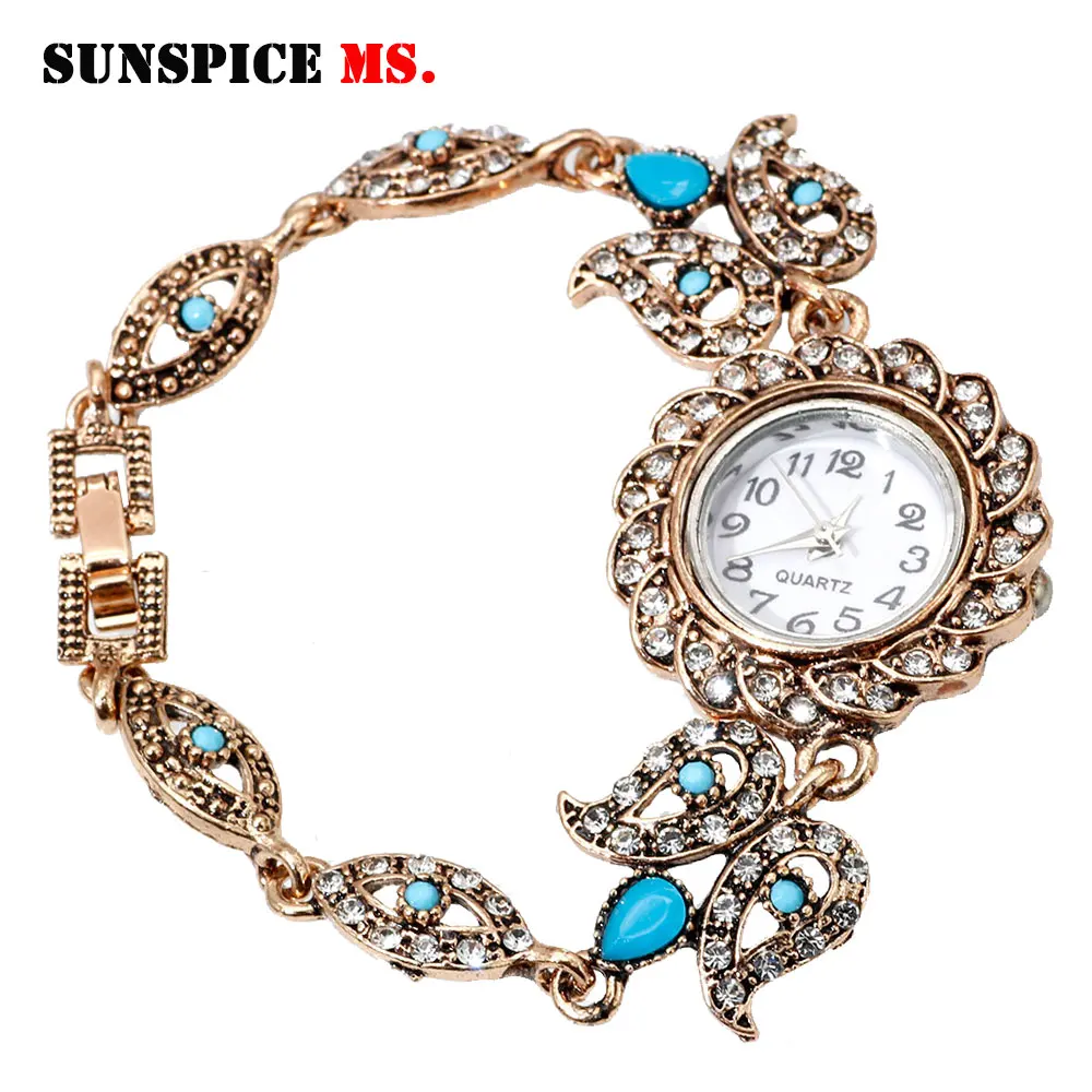 

SUNSPICE MS turkish rhinestone flower bracelet watch for women wristwatch antique gold color ethnic wedding jewelry indian gifts