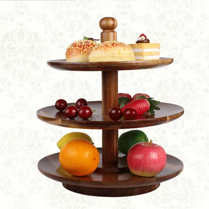 Image European creative Rotatable Three Layer Acacia Wood Fruit Desserts Bread Nuts Snack Wooden Serving Tray Cake Dish Plates,Platter