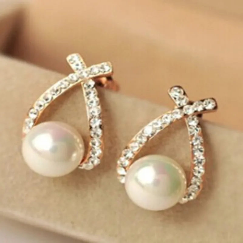 Image 2015 Korean Fashion jewelry pearl earrings, flash crystal CZ diamond cross earrings Lowest price Free Shipping