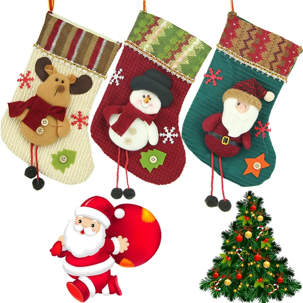 Image Santa Claus Christmas Stocking Hanger Xmas Ornaments Plush Candy Gift Bags