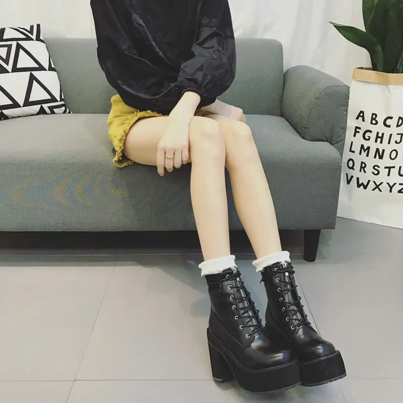Fashion Black shoes Boots Women Winter Autumn Lace-up Soft Leather Platform Shoes Woman Punk Ankle Boots High Heels 11CM MD-54
Fashion Black shoes Boots Women Winter Autumn Lace-up Soft Leather Platform Shoes Woman Punk Ankle Boots High Heels 11CM MD-54