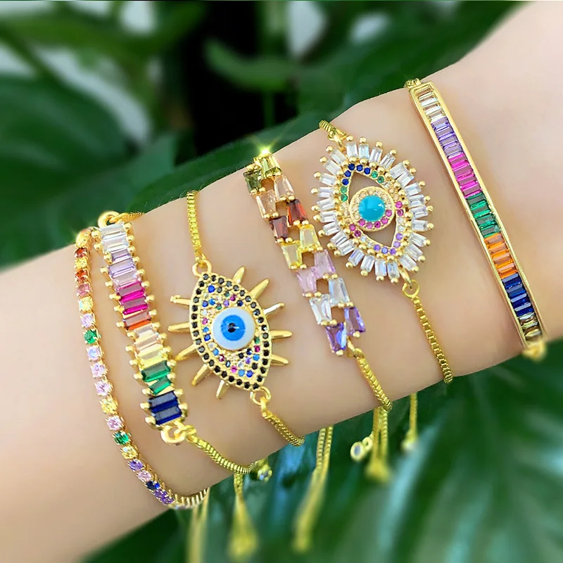Luxury Rainbow CZ Evil Eye Bracelets Micro Cubic Zirconia Stone Jewelry Adjustable Chain Gold Color Bar Bracelets for Women Gift
Luxury Rainbow CZ Evil Eye Bracelets Micro Cubic Zirconia Stone Jewelry Adjustable Chain Gold Color Bar Bracelets for Women Gift