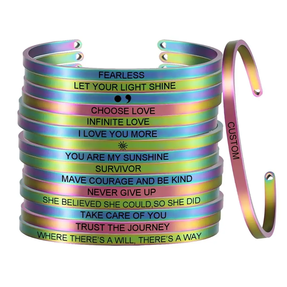 10pcs New Rainbow Stainless Steel Bangle Custom Engraved Positive Inspirational Quote Adjustable Cuff Gift for Lover SL-094*10
10pcs New Rainbow Stainless Steel Bangle Custom Engraved Positive Inspirational Quote Adjustable Cuff Gift for Lover SL-094*10