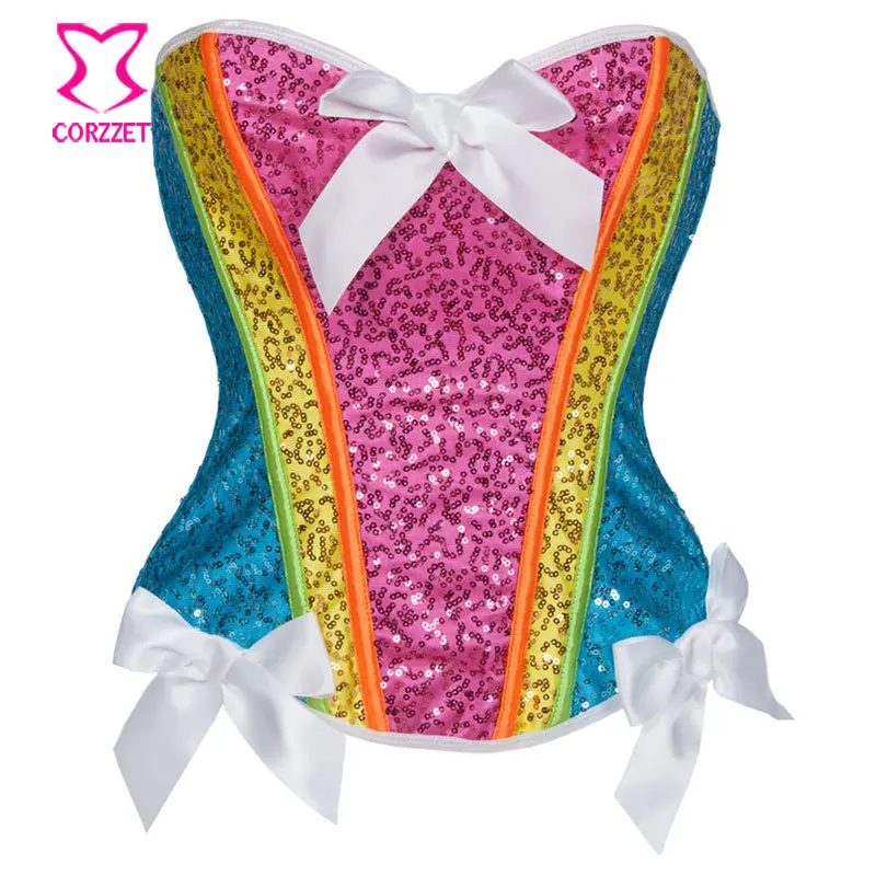 

Rainbow Sequin Corset Top Bustier Sexy Corselet Overbust Corpetes E Espartilhos Gothic Clothing Burlesque Costumes Korsett