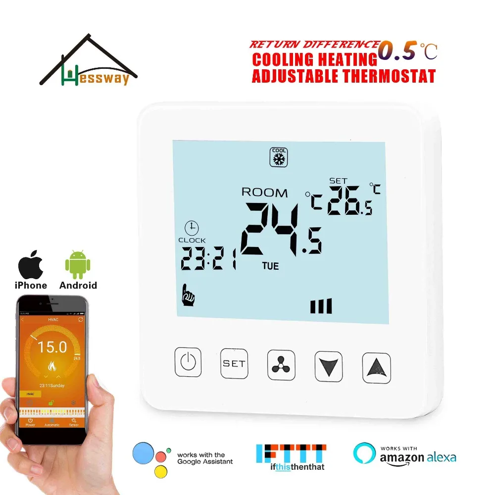 HESSWAY Central air conditioning Differencen 0.5C WIFI thermostatic fan switch for coolting heating Amazon Alexa and Google Home
HESSWAY Central air conditioning Differencen 0.5C WIFI thermostatic fan switch for coolting heating Amazon Alexa and Google Home