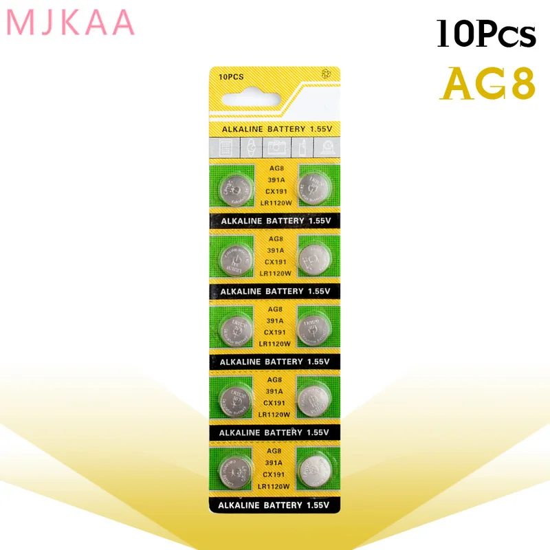 10 pieces / bag AG8 LR1120 391 SR1120 button battery for toy remote control 191 LR55 coin alkaline battery 1.55V LR1120W CX191 
10 pieces / bag AG8 LR1120 391 SR1120 button battery for toy remote control 191 LR55 coin alkaline battery 1.55V LR1120W CX191