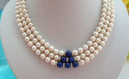 N stunning 3rows 8mm round white freshwater pearls blue lapis lazuli necklace Discount AAA
N stunning 3rows 8mm round white freshwater pearls blue lapis lazuli necklace Discount AAA