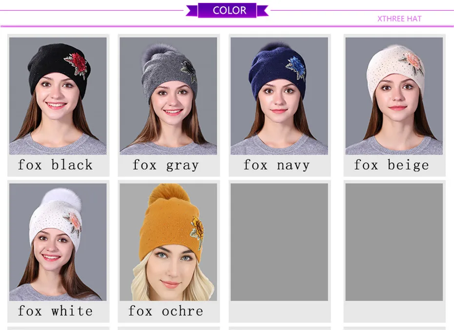 Xthree Female winter hat fashion embroidery knitted beanie hat for women real fox fur pom pom wool hat Skullie hat girls gorro 11