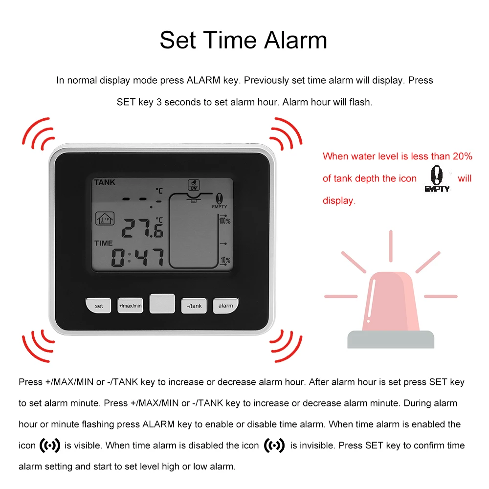 Ultrasonic Wireless Water Tank Level Meter Sensor With Temperature Time Display Alarm Liquid Depth Level Gauge Measuring Tool Ultrasonic Wireless Water Tank Level Meter Sensor With Temperature Time Display Alarm Liquid Depth Level Gauge Measuring Tool