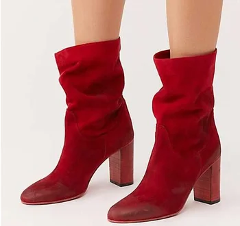 

Drop Shipping Spring Autumn Woman Fashion Solid Red Brown Slim Slip On Round Toe Rough Heels Mid-calf Short Boots Lady Size 42