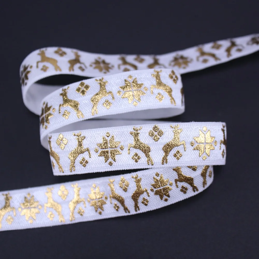 5/8" Gold foil Christmas elk Christmas gifts FOE fold over elastic 029 white welcome custom printed 
5/8" Gold foil Christmas elk Christmas gifts FOE fold over elastic 029 white welcome custom printed