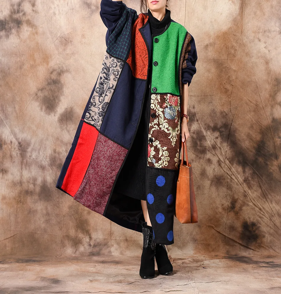 2018 female new autumn and winter original plus size wool jacquard stitching personality long spliced warm coat
2018 female new autumn and winter original plus size wool jacquard stitching personality long spliced warm coat