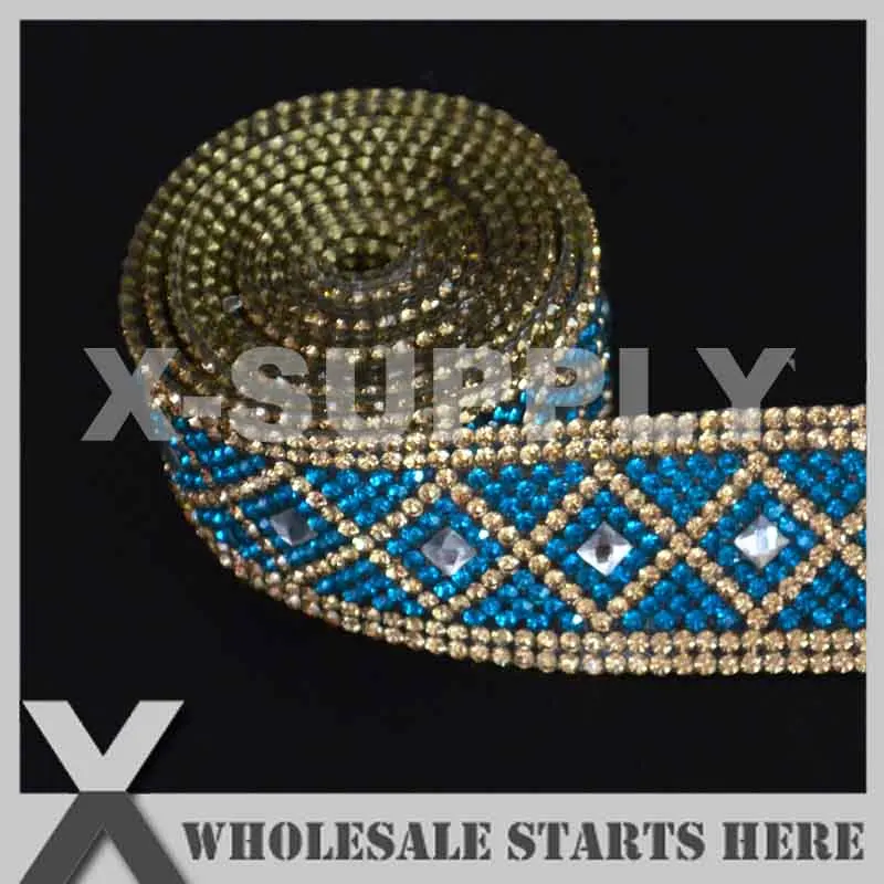 

Sales Promotion Iron On Rhinestone Banding Tape For Cake Wine Standing,Blue Zircone and Lt.Col.Topaz Crystals