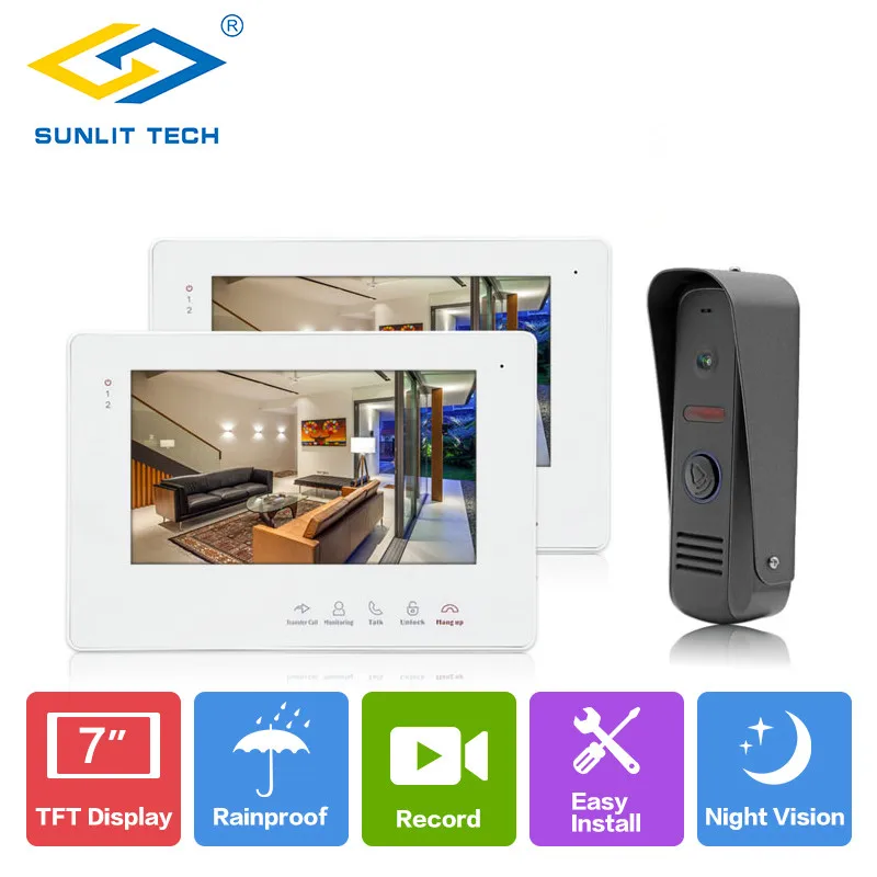 

7" Color Video Door Phone 2 Monitors Doorbell Recording Intercom System With Camera Door Entry Access System For Home Security