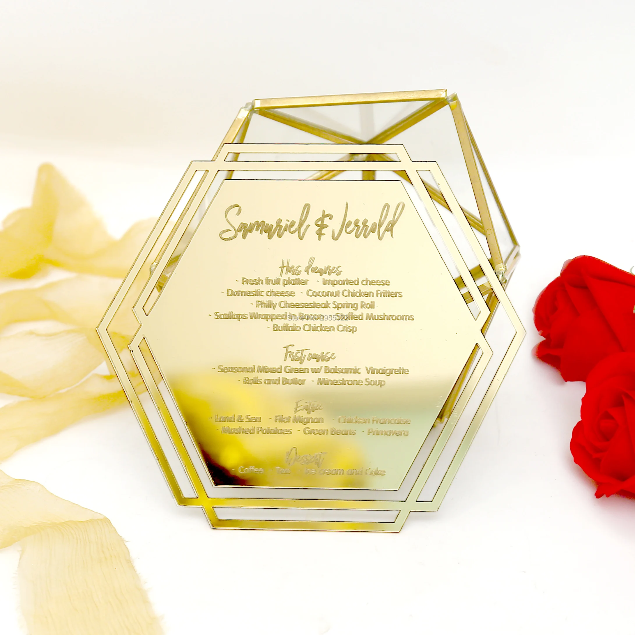 50 pcs Personalised Luxur mirror gold geometric Acrylic Wedding Invitation,wedding hexagon save the date,wedding favor.
50 pcs Personalised Luxur mirror gold geometric Acrylic Wedding Invitation,wedding hexagon save the date,wedding favor.