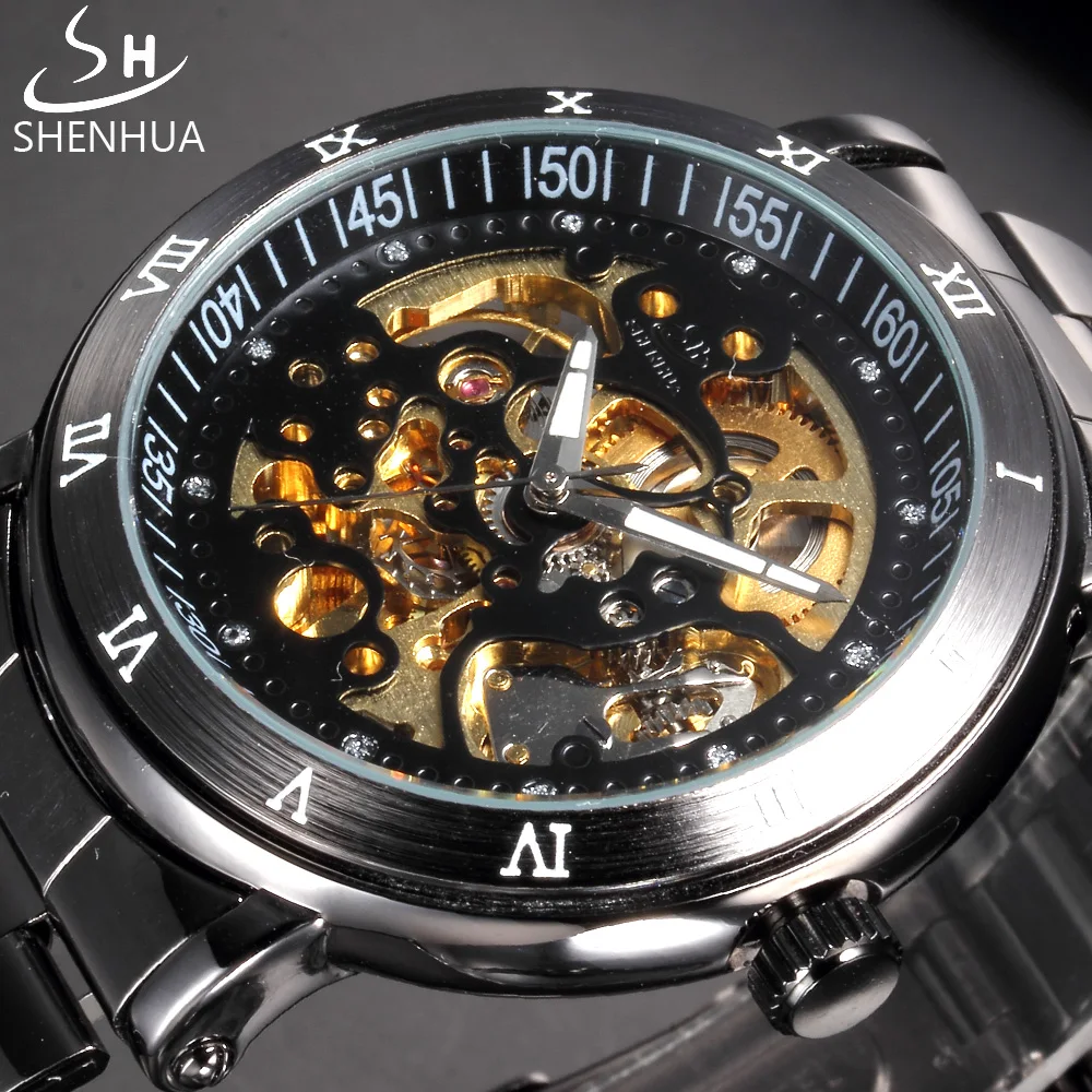 

SHENHUA Skeleton Mechanical Watches Black Stainless Steel Band Transparent Automatic Watch Men Clock Black Male Wristwatch