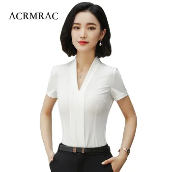 ACRMRAC Women's shirts New style Summer Short sleeve Solid color white V-Neck Slim Business OL Formal Shirts Blouse
ACRMRAC Women's shirts New style Summer Short sleeve Solid color white V-Neck Slim Business OL Formal Shirts Blouse