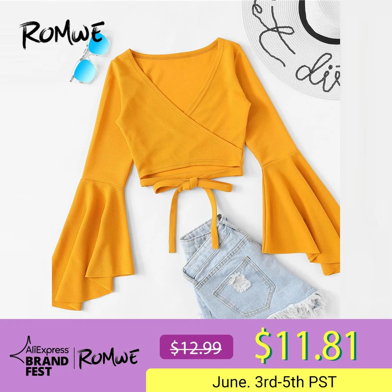 

ROMWE Women Deep V Neck Long Ruffle Sleeve Crop Blouses 2019 Beach Style Tie Knot Hem Solid Tops Blouse 6 Colors Women Clothing