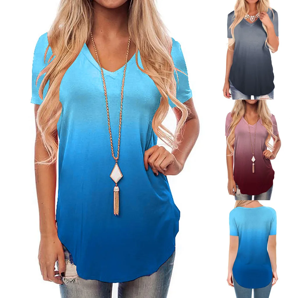 2019 Women's fashion gradient short-sleeved V-neck shirt female summer loose casual wild shirt ladies trend large size blouse
2019 Women's fashion gradient short-sleeved V-neck shirt female summer loose casual wild shirt ladies trend large size blouse