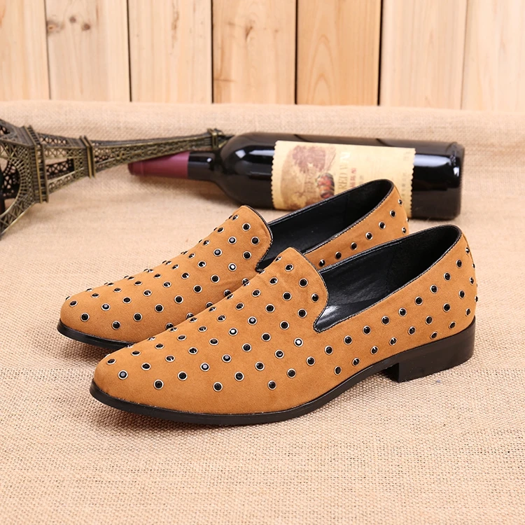 

new arrival summer fashion studded genuine leather slip on loafers italian men dress wedding flats smoking erkek ayakkabi