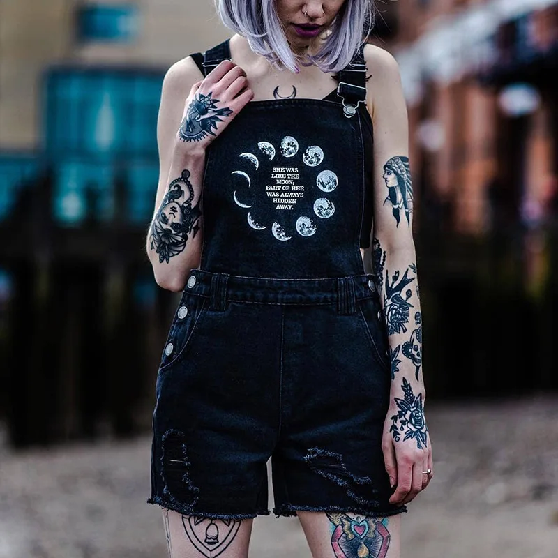 Black Denim Overalls for Women Female Summer Gothic Moon Phase Printed Straps Shorts Streetwear
Black Denim Overalls for Women Female Summer Gothic Moon Phase Printed Straps Shorts Streetwear