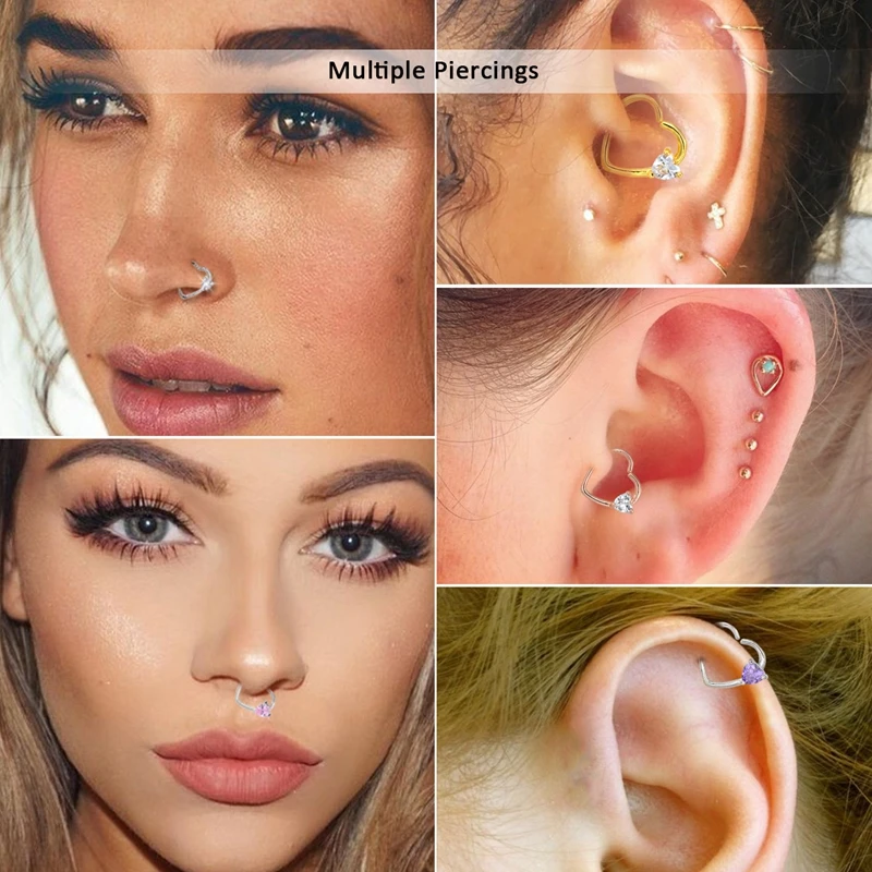  BODY PUNK Jewelry Heart CZ Left Closure Daith Cartilage 16 Gauge Heart Tragus Earrings 5 Colors Micro Circular Barbell Nose  (17)