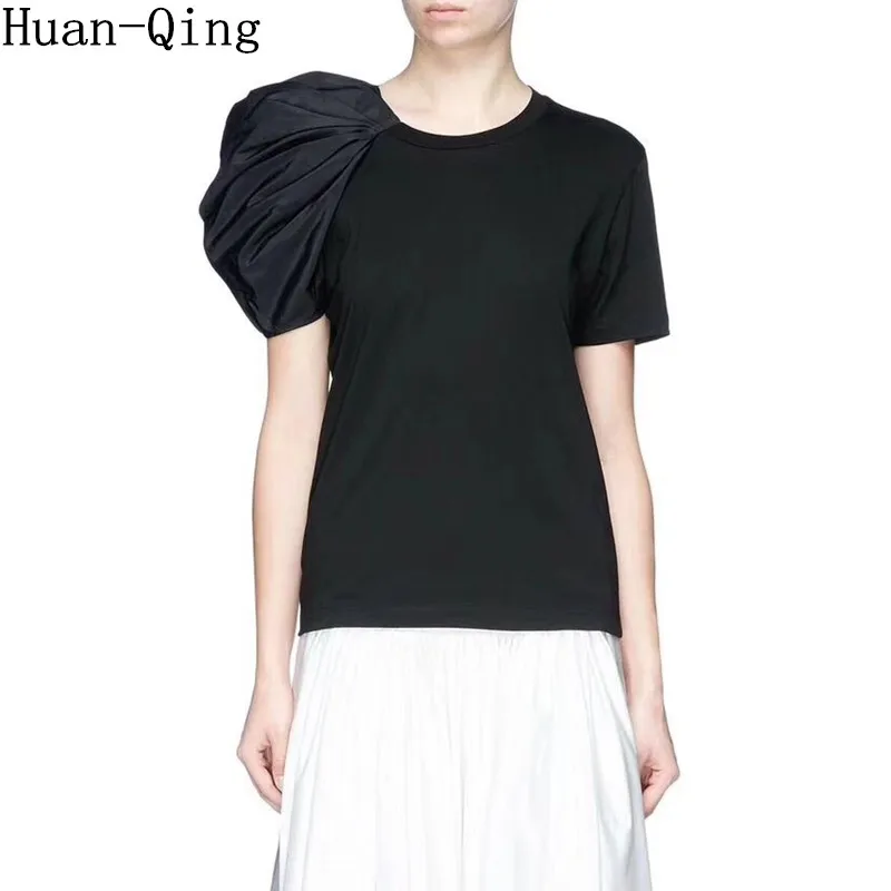 Summer Patchwork Asymmetrical tshirt Tops Solid Black White T-shirt Runway Women T shirt Puff Short Sleeve t shirts Tees Clothes
Summer Patchwork Asymmetrical tshirt Tops Solid Black White T-shirt Runway Women T shirt Puff Short Sleeve t shirts Tees Clothes