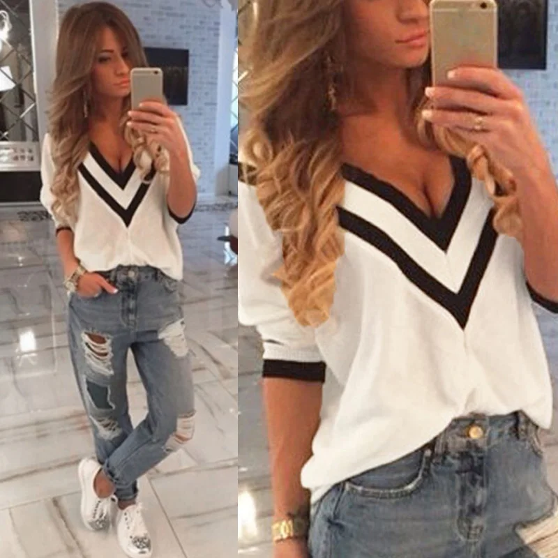Women Deep V Neck T Shirt 3/4 Sleeves Color Block Striped Tee Shirt Femme Sexy Loose Casual Pullover Tops Camiseta Feminina 2019
Women Deep V Neck T Shirt 3/4 Sleeves Color Block Striped Tee Shirt Femme Sexy Loose Casual Pullover Tops Camiseta Feminina 2019
