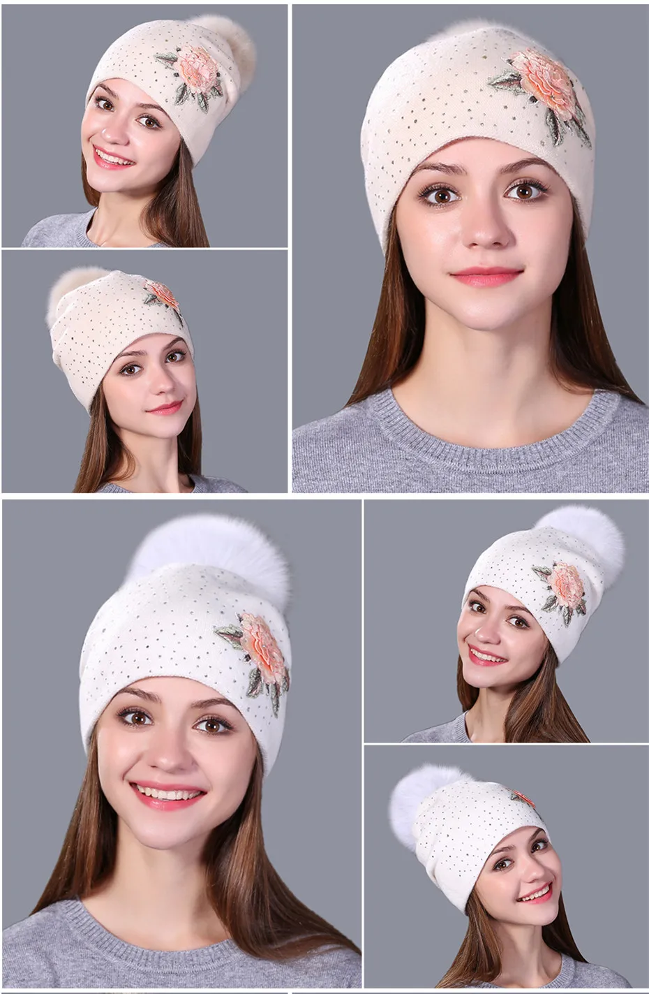 Xthree Female winter hat fashion embroidery knitted beanie hat for women real fox fur pom pom wool hat Skullie hat girls gorro 15