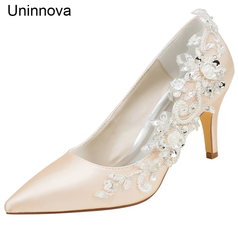 Ivory White Bridal Bridesmaids' Flower Wedding Heels Champagne Pointed Toe Satin Elegant Thin Heel Pumps Uninnova 18353-1B LY
Ivory White Bridal Bridesmaids' Flower Wedding Heels Champagne Pointed Toe Satin Elegant Thin Heel Pumps Uninnova 18353-1B LY