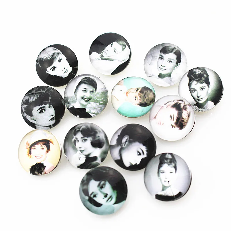

New Arrival 50pcs/lot Audrey Hepburn Snap Buttons fit 18mm Ginger Button Snap Bracelet&Bangles Letters DIY Snap Jewelry Charms