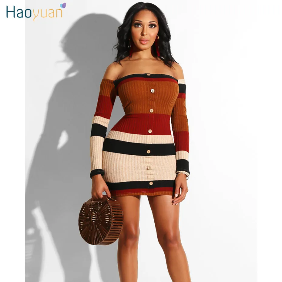 HAOYUAN Off Shoulder Long Sleeve Autumn Dress Women Clothes Short Mini Sexy Club Wrap Dress Casual Bodycon Knit Party Dresses
HAOYUAN Off Shoulder Long Sleeve Autumn Dress Women Clothes Short Mini Sexy Club Wrap Dress Casual Bodycon Knit Party Dresses