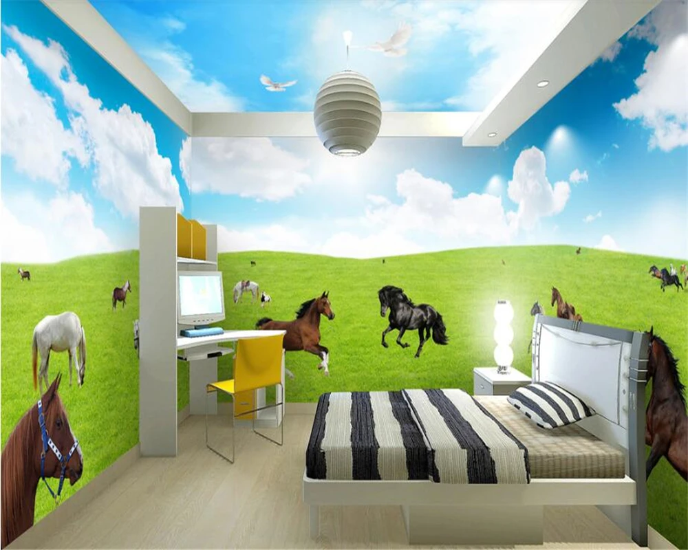 

beibehang Soundproof three-dimensional wallpaper blue sky white clouds grassland horses theme space full house background behang