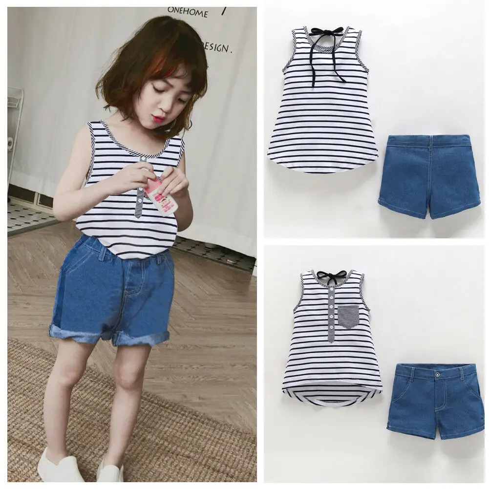 2019 New Arrival Children Clothes Striped Sleeveless T-Shirt Jeans Shorts 2Pcs Kids Baby Girls Summer Outfit 
2019 New Arrival Children Clothes Striped Sleeveless T-Shirt Jeans Shorts 2Pcs Kids Baby Girls Summer Outfit