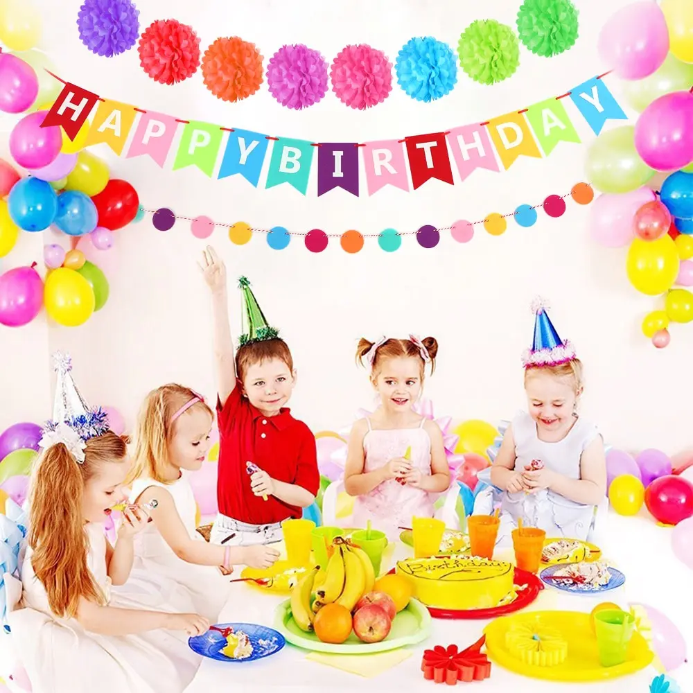 

Colorful Birthday Party Decoration Kit Happy Birthday Banner Tissue Pom Poms Garland Circle Dots Balloons for Any Age Birthday