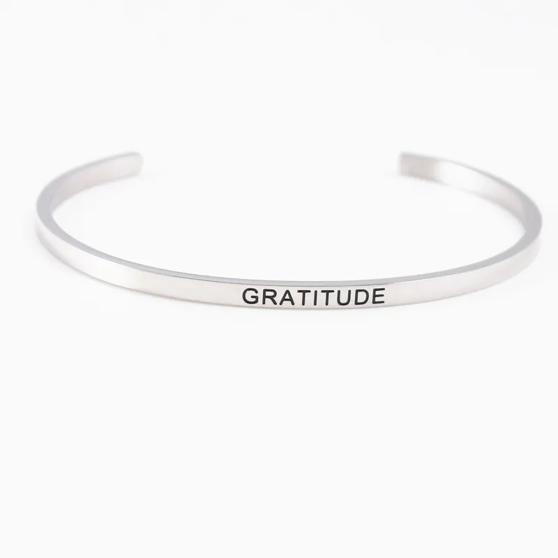 Stainless Steel Mantra Bangle "GRATITUDE" Engraved Positive Inspirational Quote Cuff Bracelet for Women Jewelry, Dropshipping!
Stainless Steel Mantra Bangle "GRATITUDE" Engraved Positive Inspirational Quote Cuff Bracelet for Women Jewelry, Dropshipping!